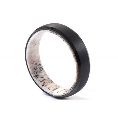 Men's Women's 6mm Tungsten Ring with Silver or Black Plated Finish Natural Deer Antler Inlay and Beveled Edges Trendy Style