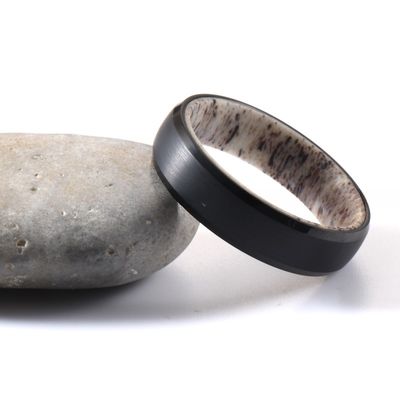 Men's Women's 6mm Tungsten Ring with Silver or Black Plated Finish Natural Deer Antler Inlay and Beveled Edges Trendy Style