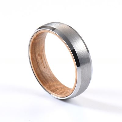 Tungsten Ring Men's Women's 6mm Silver or Black Plated Wedding Band with Whiskey Barrel Wood Inside Beveled Edges Comfort Fit