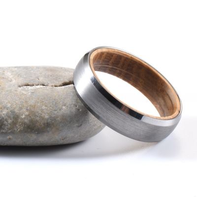 Tungsten Ring Men's Women's 6mm Silver or Black Plated Wedding Band with Whiskey Barrel Wood Inside Beveled Edges Comfort Fit