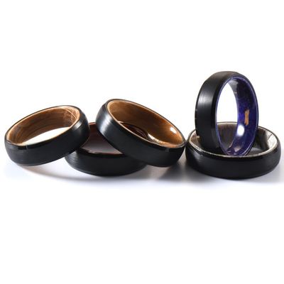 Tungsten Ring Men's Women's 6mm Silver or Black Plated Wedding Band with Whiskey Barrel Wood Inside Beveled Edges Comfort Fit