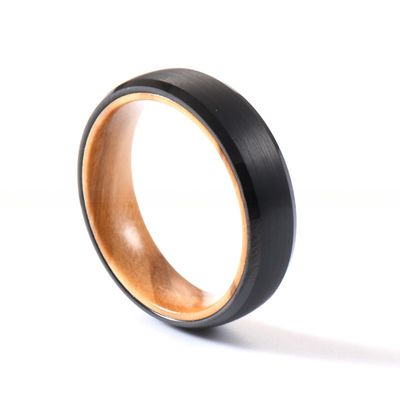 Men's or Women's 6mm Tungsten Ring with Silver or Black Plating Olive Wood Inlay and Beveled Edges
