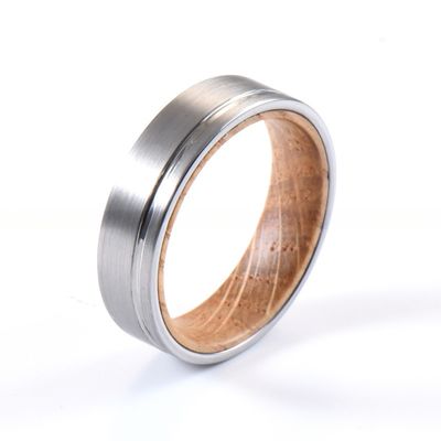 TRENDY Style Custom 6mm Flat Offest Grooved Silver Wedding Band Whiskey Barrel Wood Inlay Tungsten Ring for Men Women