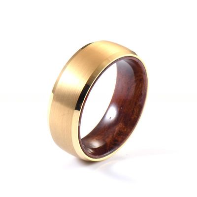 TRENDY Style 8mm 18K Gold Plating Tungsten Carbide Ring Wood Wedding Band with Rosewood Inner Beveled Edge Comfort Fit