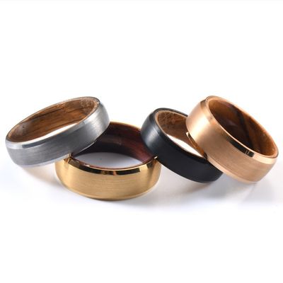 Geometric 8mm Mens Wooden Wedding Ring with Olive Wood Insert Rose Gold Tungsten Carbide Beveled Edges Comfort Fit