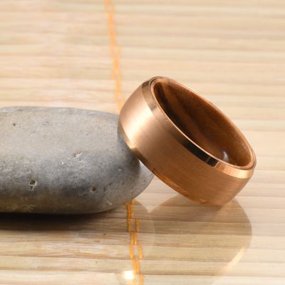 Geometric 8mm Mens Wooden Wedding Ring with Olive Wood Insert Rose Gold Tungsten Carbide Beveled Edges Comfort Fit