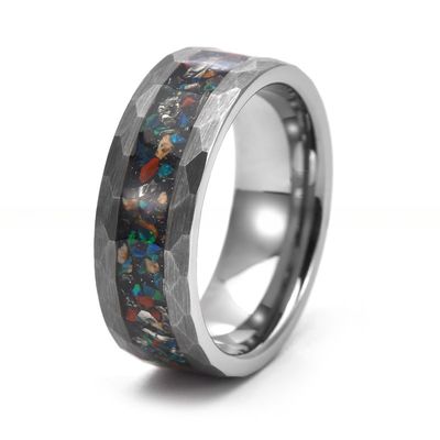 Third Party Appraisal Dinosaur Bone Meteorite Inlay Tungsten Carbide Ring 8mm Silver Hammered Mens Fashion Wedding Ring