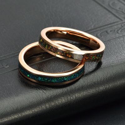 4mm Tungsten Colorful Opal Ring Rose Gold Plated Blue Green Opal Inlay Wedding Engagement Ring for Women's Unisex Jewelry