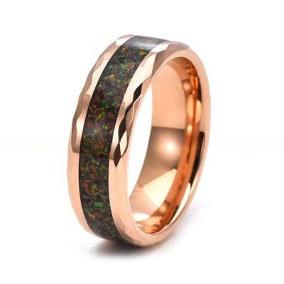 8mm Mens Blue Opal Wedding Band Rose Gold Faceted Tungsten Crushed Colorful Opal Inlay Luxury Engagement Promise Ring