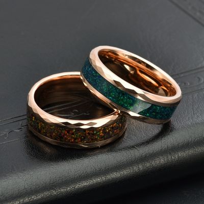 8mm Mens Blue Opal Wedding Band Rose Gold Faceted Tungsten Crushed Colorful Opal Inlay Luxury Engagement Promise Ring