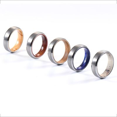 Geometric Wedding Bands 6mm Silver Tungsten Ring Inner Hole Inlaid Wood or Antler Brushed Beveled Edges for Anniversary