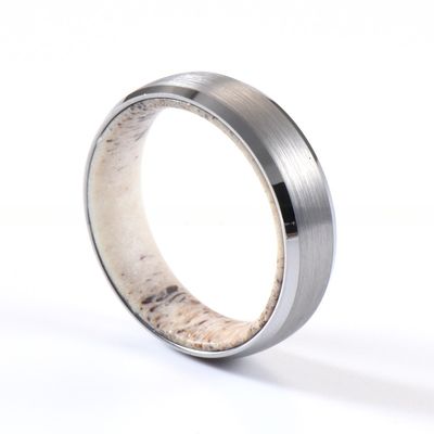 Geometric Wedding Bands 6mm Silver Tungsten Ring Inner Hole Inlaid Wood or Antler Brushed Beveled Edges for Anniversary