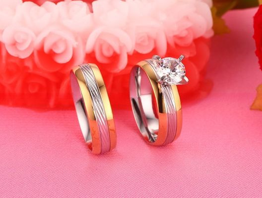 Couple Stainless Steel Wedding Band Set Yellow Gold Filled Round CZ for Women Men