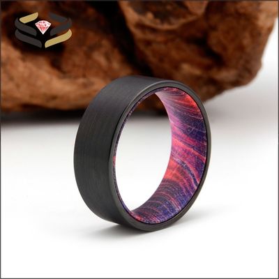 Third Party Appraisal 8mm Brushed Black Tungsten Ring with Red Purple Box Elder Liner Men's Wedding Band Flat Edges Comfort Fit