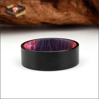 Third Party Appraisal 8mm Brushed Black Tungsten Ring with Red Purple Box Elder Liner Men's Wedding Band Flat Edges Comfort Fit