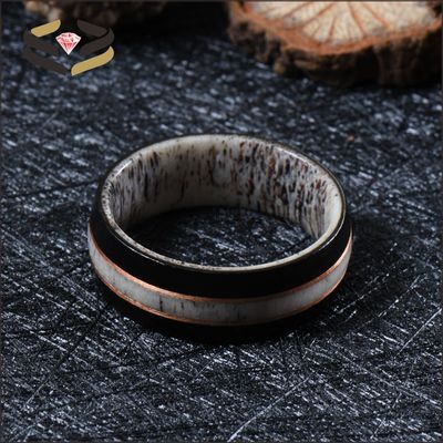 8mm Nature Deer Antler Ring with African Ebony Wood and Rose Gold Circle Inlay Wedding Band Plating N/A