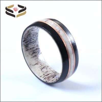 8mm Nature Deer Antler Ring with African Ebony Wood and Rose Gold Circle Inlay Wedding Band Plating N/A