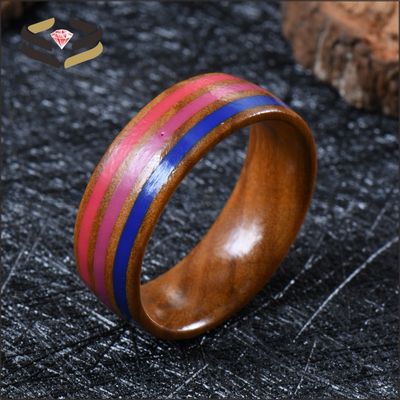Third Party Appraisal Certificate Type 8mm Solid Wood Ring with Blue Pink and Rose Red Epoxy Inlay N/A Plating Color