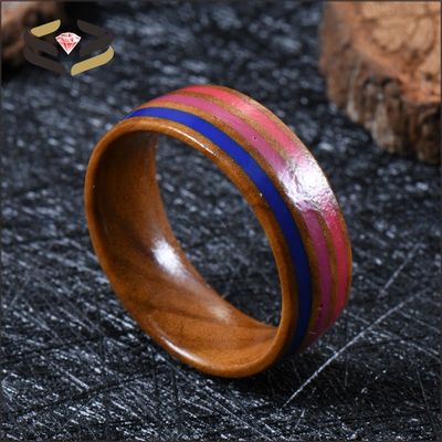 Third Party Appraisal Certificate Type 8mm Solid Wood Ring with Blue Pink and Rose Red Epoxy Inlay N/A Plating Color