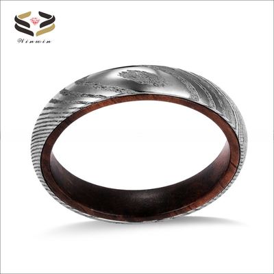 Stylish 4mm Damascus Steel and Rosewood Inner Wedding Bands for Newlywed Couples