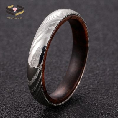 Stylish 4mm Damascus Steel and Rosewood Inner Wedding Bands for Newlywed Couples
