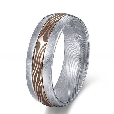 Damascus Steel Jewelry Main Material 8mm Lasered Rose Gold Mokume Gane Inlay Wedding Band for Unisex