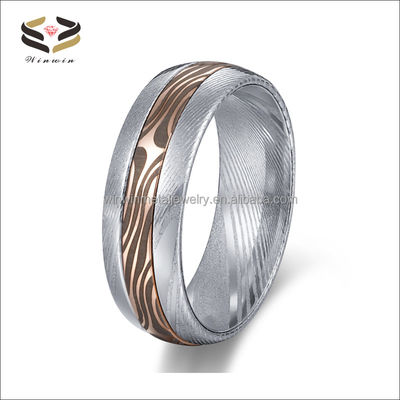 Damascus Steel Jewelry Main Material 8mm Lasered Rose Gold Mokume Gane Inlay Wedding Band for Unisex