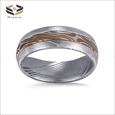 Damascus Steel Jewelry Main Material 8mm Lasered Rose Gold Mokume Gane Inlay Wedding Band for Unisex
