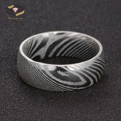 Simple Style 8mm Pure Damascus Steel Men's Wedding Ring with Black Plating