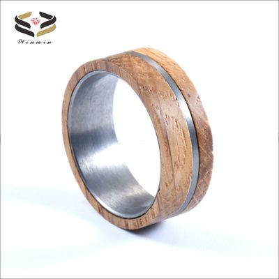 Geometric Wooden Jewelry 8mm Natural Solid Whiskey Barrel Wood Ring Tungsten Wedding Band for Men