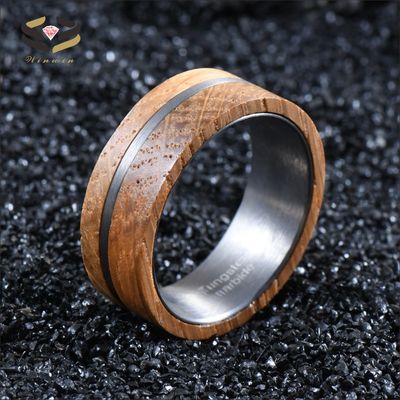 Geometric Wooden Jewelry 8mm Natural Solid Whiskey Barrel Wood Ring Tungsten Wedding Band for Men