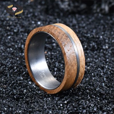 Geometric Wooden Jewelry 8mm Natural Solid Whiskey Barrel Wood Ring Tungsten Wedding Band for Men