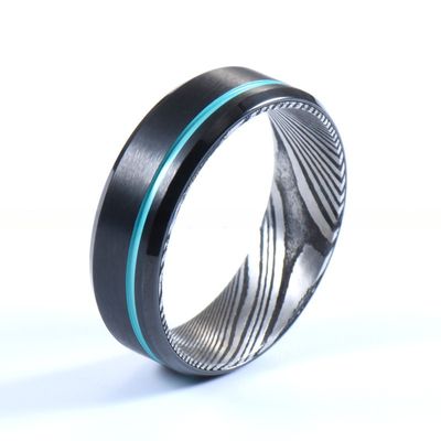 Black Tungsten Damascus Steel Men's Wedding Ring 8mm with Turquoise Grooved Line
