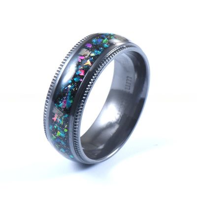 High Polished Black Zirconium 8mm Ring featuring Meteorite Inlay and Galaxy Opal Shaving for Other Religious Type