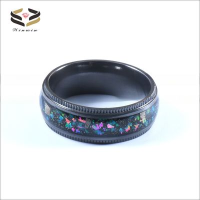 High Polished Black Zirconium 8mm Ring featuring Meteorite Inlay and Galaxy Opal Shaving for Other Religious Type