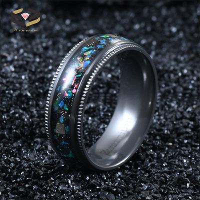 High Polished Black Zirconium 8mm Ring featuring Meteorite Inlay and Galaxy Opal Shaving for Other Religious Type