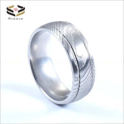 8mm Damascus Steel Men's Wedding Band with Double Gear Groove and Customer's Logo