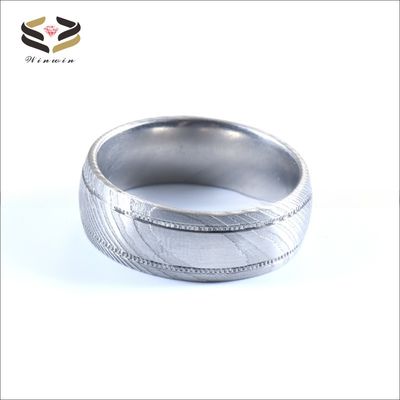 8mm Damascus Steel Men's Wedding Band with Double Gear Groove and Customer's Logo