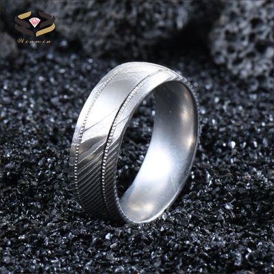 8mm Damascus Steel Men's Wedding Band with Double Gear Groove and Customer's Logo