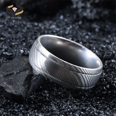 8mm Damascus Steel Men's Wedding Band with Double Gear Groove and Customer's Logo