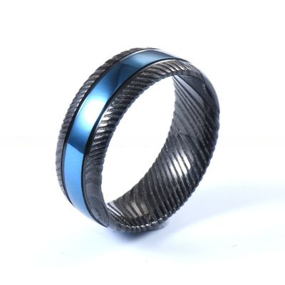 Third Party Appraisal Men Fashion Jewelry 8mm Black Blue Damascus Steel Ring Double Black Grooved Wedding Band with Logo