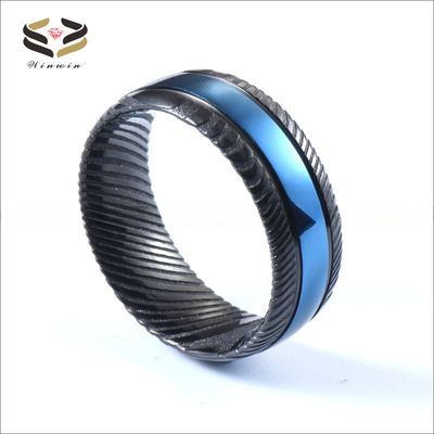Third Party Appraisal Men Fashion Jewelry 8mm Black Blue Damascus Steel Ring Double Black Grooved Wedding Band with Logo
