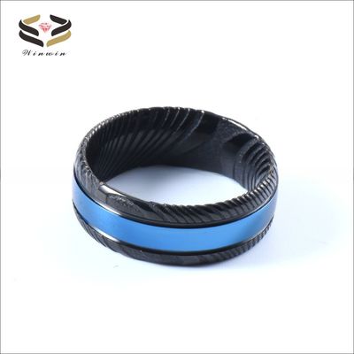 Third Party Appraisal Men Fashion Jewelry 8mm Black Blue Damascus Steel Ring Double Black Grooved Wedding Band with Logo