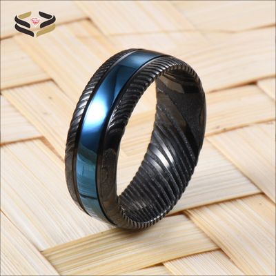 Third Party Appraisal Men Fashion Jewelry 8mm Black Blue Damascus Steel Ring Double Black Grooved Wedding Band with Logo