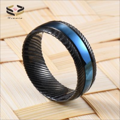 Third Party Appraisal Men Fashion Jewelry 8mm Black Blue Damascus Steel Ring Double Black Grooved Wedding Band with Logo