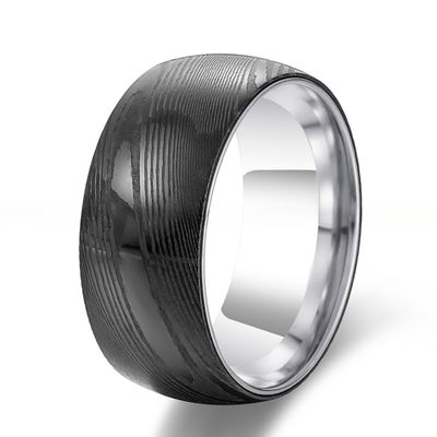 8mm Dome Black Mens Damascus Wedding Band Ring Inlaid Silver Tungsten Sleeve Comfort Fit Geometric Shape Pearl Type Other