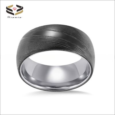 8mm Dome Black Mens Damascus Wedding Band Ring Inlaid Silver Tungsten Sleeve Comfort Fit Geometric Shape Pearl Type Other