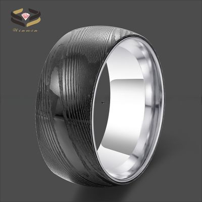 8mm Dome Black Mens Damascus Wedding Band Ring Inlaid Silver Tungsten Sleeve Comfort Fit Geometric Shape Pearl Type Other