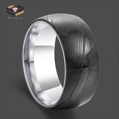 8mm Dome Black Mens Damascus Wedding Band Ring Inlaid Silver Tungsten Sleeve Comfort Fit Geometric Shape Pearl Type Other