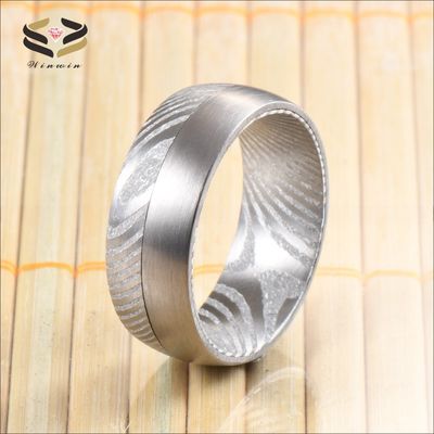 Men Fashion Jewelry 8mm Damascus Steel Ring Inlay Silver Tungsten Loop Wedding Band with Jewelry Main Material and Pearl Type Other